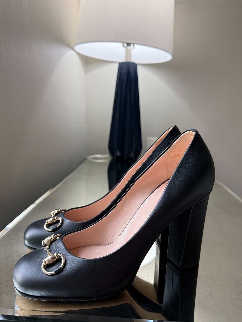 Gucci Black Leather Block Heel Pumps with Gold Horsebit , Size 7.5 ( 38)